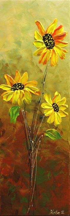 a painting of three yellow flowers on a green and brown background with black dots in the center