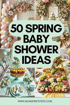 some baby shower ideas with balloons and flowers on the wall, including cakes, desserts, and other decorations