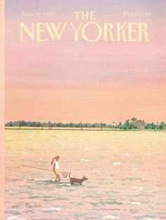 a man and his dog are in the water with an orange sky behind them that reads, the new yorker