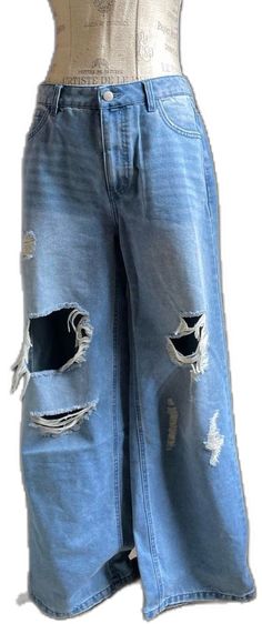 Ripped Relaxed Fit Wide Leg Bottoms, Ripped Wide Leg Relaxed Fit Bottoms, Distressed Wide Leg Bottoms For Spring, Blue Ripped Wide Leg Bottoms, Casual Ripped Wide-leg Bottoms, Casual Wide Leg Ripped Bottoms, Baggy Ripped Jeans, Y2k Jeans, Grunge Skater