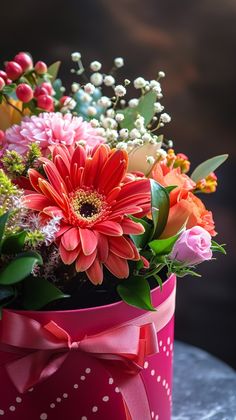 a colorful bouquet of flowers in a pink polka doted hat with a bow on it