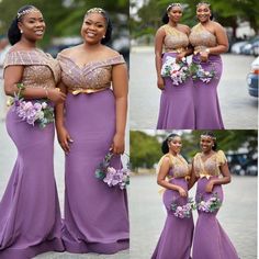 two women in purple dresses with gold sequins and flowers on their heads, one is