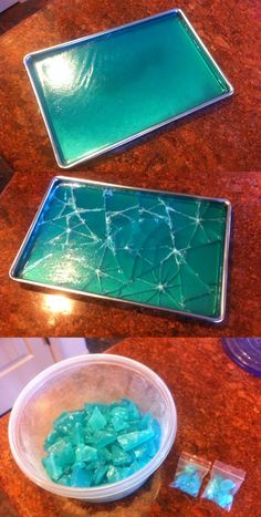 three pieces of glass sitting on top of a wooden table