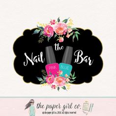 the nail bar logo is shown with flowers on it and pink gels are in front of