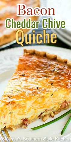 bacon cheddar chive quiche on a white plate