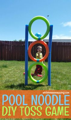 a young child playing in an outdoor pool noodle diy toss game with text overlay