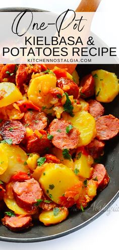 one pot kielbasa and potatoes recipe in a skillet with the title above it