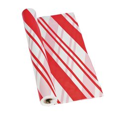 a red and white striped paper roll on a white background with an image of a candy cane