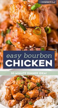 easy bourbon chicken recipe with white rice and garnished with green onions on top