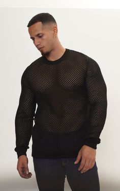 See Through Fishnet Muscle Fit Shirt - Black - Ron Tomson Fishnet Fabric, Jordan Torres, Club Scene, Latino Men, Pride Outfit, Knitwear Fashion, All The Right Places, Bold Fashion, Workout Shirts