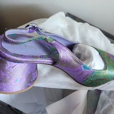 Jeffrey Campbell Ferra Purple And Green Brocade Slingback Pumps Sz 8.5 Never Worn Purple Slingback Heels For Summer, Summer Purple Slingback Heels, Purple Low Heel Shoes With Strap, Purple Low Heel Heels With Heel Strap, Purple High Heel Slingback Pumps For Summer, Purple Slingback Pumps With Ankle Strap, Purple Ankle Strap Slingback Pumps With Heel Strap, Purple High Heel Slingback Pumps, Purple High Heel Slingback Pumps For Spring