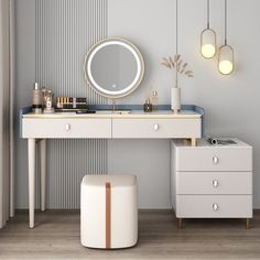 a dressing table with a mirror and stool next to it