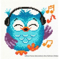 an owl with headphones and music notes is depicted in this cross - stitch pattern