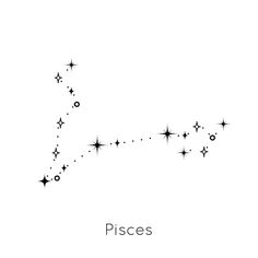 the zodiac sign pisces is drawn in black ink on a white background with stars