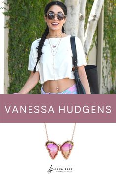 Luna Skye Mama Butterfly seen worn by Vanessa Hudgens while out and about running errands in Los Angeles, California. Luna Skye Butterfly Jewelry pieces are a perfect holiday gift idea for a loved one. Cat Eye Sunglasses, Cross Necklace