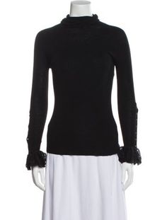 Oscar de la Renta TurtleneckBlackLace Trim EmbellishmentLong Sleeve with Mock NeckFit:Knitwear by Oscar de la Renta typically fit true to size. Sweater Boots, Accessories Jacket, Outerwear Sweater, Mock Neck Sweater, Shoulder Sweater, Sweater Accessories, Vintage Tags, Dress Accessories, Jacket Tops