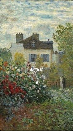 an image of a painting with flowers in the foreground and a house in the background