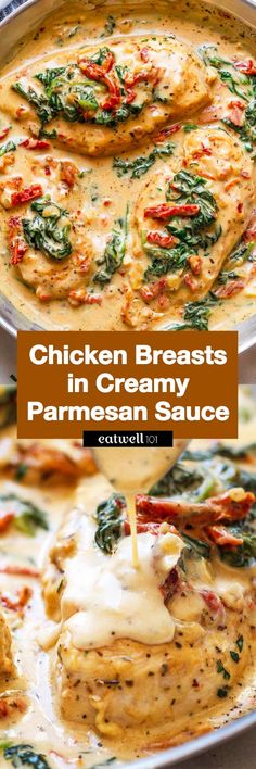 chicken breast in creamy parmesan sauce with spinach and cheese on the side