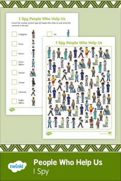 two people who help us worksheet with green chevron background and white text