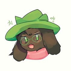 a drawing of a girl wearing a green hat and glasses