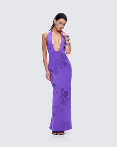 We see a dinner date in your future 😉 Dress to impress in this elegant yet sultry purple maxi dress made from jersey fabric and complete with a low plunge neckline, halter ties, and rhinestone detailing ✨💜 Plunge Maxi Dress, Purple Maxi, Purple Maxi Dress, Purple Rhinestone, Plunge Neckline, Dinner Date, White Jersey, Ruffle Shorts, Mini Wrap Dress