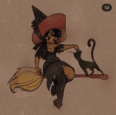 a drawing of a witch riding a broom with a cat on her back and wearing a red hat