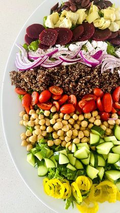 a white plate topped with lots of different types of vegetables