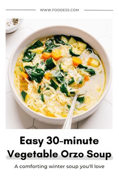 a bowl of vegetable orzo soup with the title easy 30 - minute vegetable orzo soup