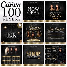 black and gold flyer templates for an event or show with women's hair