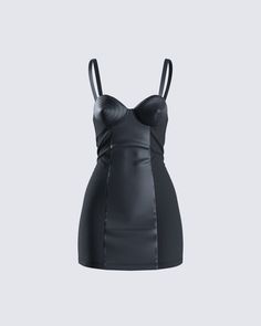 Slay throughout the night in this sleek black satin bustier dress – a daring fusion of elegance and edge 🖤 Made from a blend of satin charmeuse fabric, and contrast ponte fabric - this look is complete with trapunto stitching, adjustable straps, and a bodycon style 🤩 Mc Ig, White Corset Dress, Satin Bustier, Charmeuse Fabric, Yellow Mini Dress, Bodycon Style, Ponte Fabric, White Corset, Maria Black