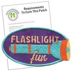 an iron - on patch with the words flashlight fluf written in purple and orange