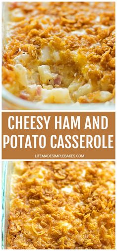 cheesy ham and potato casserole in a glass dish with text overlay