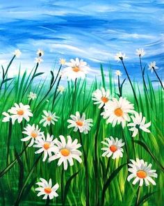 a painting of daisies in the grass with blue sky and clouds behind them, painted on canvas