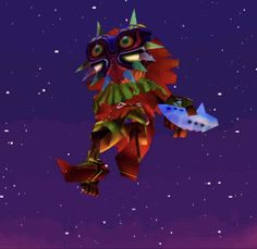 an animated creature flying through the air with stars in the sky behind it and on top of another creature