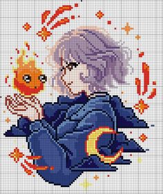 Cross Stitch Patterns Studio Ghibli, Howls Moving Castle Cross Stitch Pattern, Cross Stitch Ghibli, Ghibli Perler Beads, Howls Moving Castle Cross Stitch, Pixel Art Ghibli, Ghibli Cross Stitch Pattern, Pixel Art With Grid, Aesthetic Cross Stitch