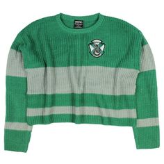 a green and white striped sweater with an emblem on the chest, in front of a white background