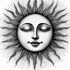 a drawing of the sun with its eyes closed in black and white, on a white background