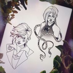 an image of two people that are drawn in pencil on paper with plants behind them