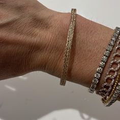 This Is A Gorgeous And Unique Sparkly Piece, Great For Layering As Shown. It Stretches So Will Fit Any Wrist Size. It Sparkles As If It’s Pave’d With Diamonds. Genuine 14k Gold. Sparkling Gold Diamond Bracelet, Stackable Bangle For Parties, Classic Jubilee Bracelet Bangle For Party, Gold Hand Set Cuff Bracelet, Elegant Gold Sparkling Bangle, Dazzling Gold Bracelet For Formal Occasions, Classic Cuff Bracelet For Parties, Gold Laser Cut, Womens Jewelry Bracelets