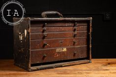 c. 1900s/1910s; Pilliod Lumber Company - Swanton, OH Antique oak machinist tool chest with five drawers. This piece, designated as the No. 20 Model, features quarter-sawn oak drawers and a leatherette-wrapped exterior. Missing front door and exhibits scuffs and scratches throughout. 18" W x 8.5" D x 11" H Please refer to photos regarding condition. For more information regarding delivery of your order, please review our shipping Terms and Conditions below. MM - 11043 - 091824 TERMS & CONDITIONS Machinist Tool Chest, Oak Drawers, Machinist Tools, Model Features, Tool Chest, Tools And Equipment, Vintage Industrial, Lumber, Early 20th Century