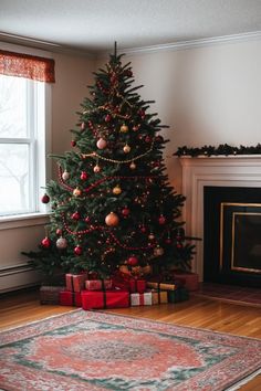 a christmas tree with presents under it in front of a fire place and a window