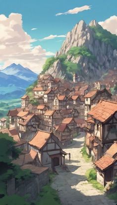 an anime village with mountains in the background