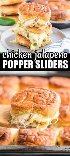 chicken jalapeno popper sliders are stacked on top of each other