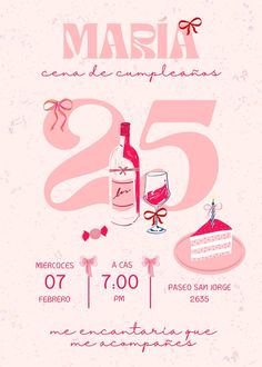 a poster for a birthday party with wine and cake