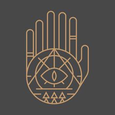 a hand with an all seeing symbol on it, in gold and grey colors against a dark background