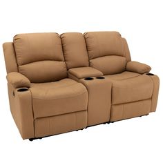 the reclining loveseat with two seats and cup holders on top of it