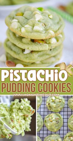 pistachio pudding cookies with green frosting and almonds on the top, in front of a collage of pictures