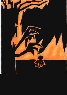 an orange and black drawing of a person holding something in their hand with mountains in the background