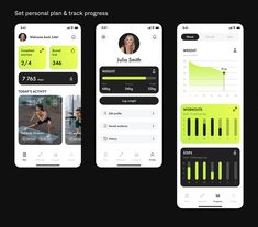 three smartphone screens showing the user's progress and workout log, with an image of a woman running