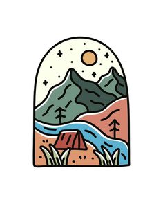 mono line of camping mountain outdoor wildlife for t-shirt, sticker, and badge design vector Mountain Linocut, Camping Illustration, Tshirt Sticker, Weird Stickers, Tshirt Drawing, Outdoor Logos, Sticker Design Inspiration, Design Camp, T Shirt Logo Design